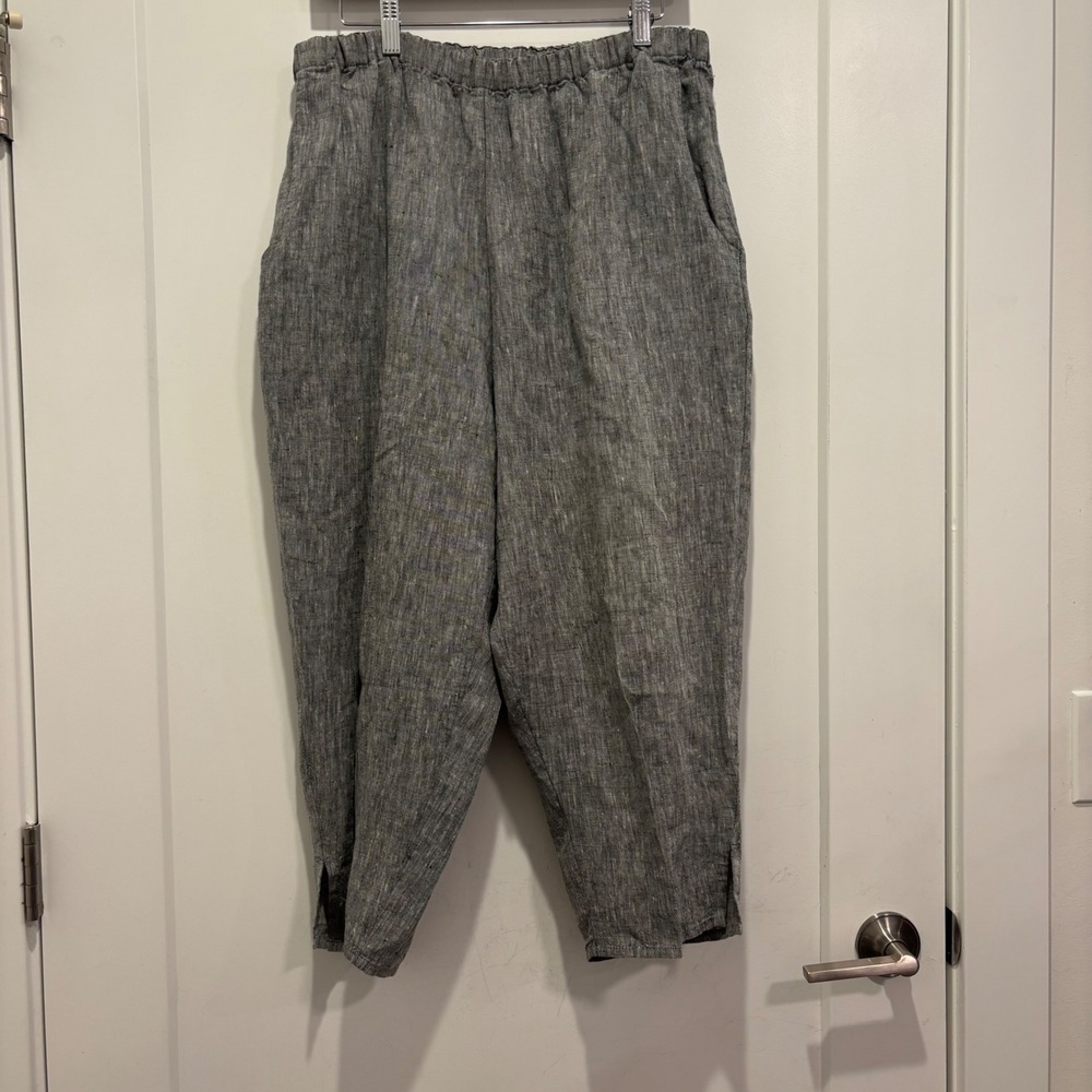 FLAX by Jeanne Engelhart 100% Linen Cropped Pants Gray Elastic Waist Small